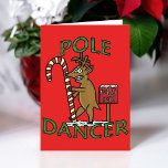 Funny Dancer Kerstreindeer Pun Feestdagen Kaart<br><div class="desc">Een rendier van de Kerstman - Dancer - grijnst en danst op de Noordpool rond een snoepstok. Dit is het perfecte humoristische wenskaart als je op zoek bent naar een grappige,  cheesy cartoon woordspeling voor Kerstmis / het vakantieseizoen. De rode achtergrondkleur en de binnentekst zijn klantgericht. Afbeelding auteursrechtelijk beschermd.</div>