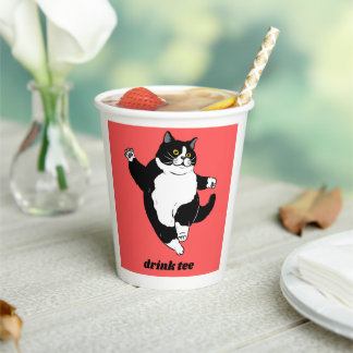 Funny Dancing Cat Paper Mug – Cute Black & White C Papieren Bekers