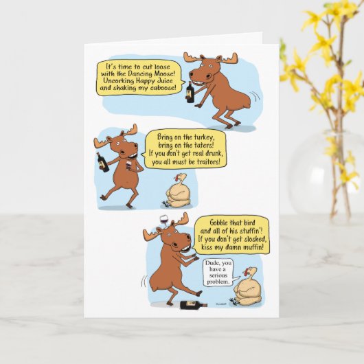 Funny Dancing Drink Moose Thanksgiving Kaart (Gele Bloem)