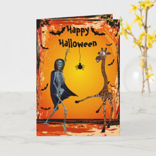 Funny Dancing Giraffe & Skeleton Halloween Card Kaart (Gele Bloem)