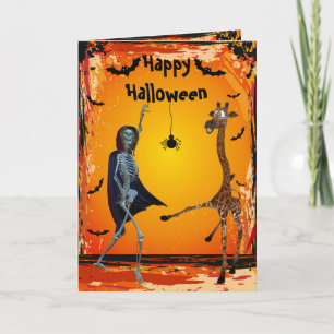 Funny Dancing Giraffe & Skeleton Halloween Card Kaart