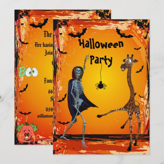 Funny Dancing Giraffe & Skeleton Halloween Party Kaart (Voorkant / Achterkant)