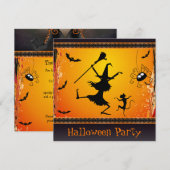 Funny Dansende Witch en Cat Halloween Party Kaart (Voorkant / Achterkant)