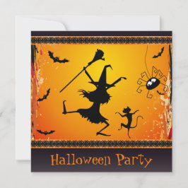 Funny Dansende Witch en Cat Halloween Party Kaart