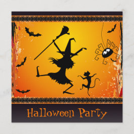 Funny Dansende Witch en Cat Halloween Party Kaart
