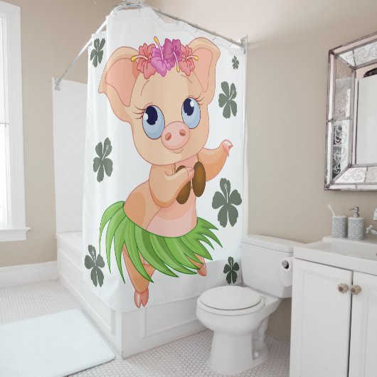 Funny danst Hawaiian varkenswitte achtergrond Douchegordijn (In situ)