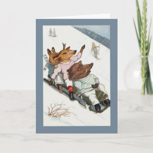 Funny Deer Boar en Bunny Go Sledding Feestdagen Kaart