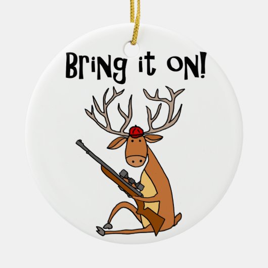 Funny Deer met Hunting Rifle en Pet Keramisch Ornament (Voorkant)
