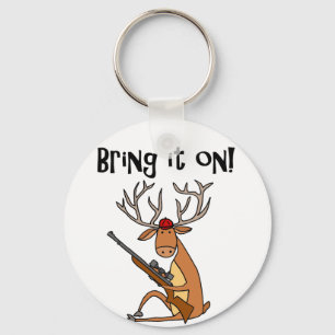 Funny Deer met Hunting Rifle en Pet Sleutelhanger