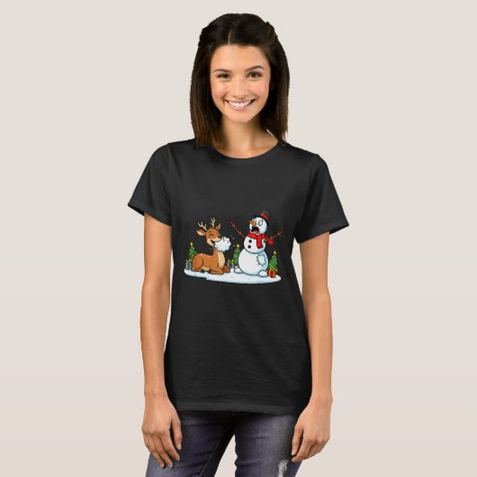 Funny Deer Snowman Christmas Tree Xmas Womens Mens T-shirt (Voorkant volledig)