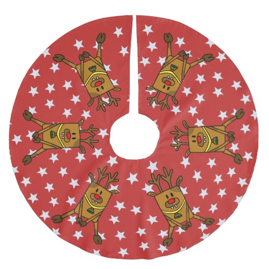Funny Deer White Stars op Red Brushed Polyester Tr Kerstboom Rok (Voorkant)
