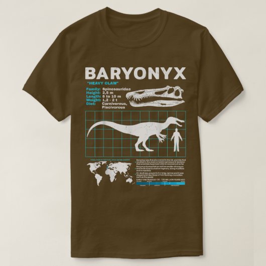 Funny Dinosaur Baryony Fact Sheet Fossils Data T-shirt (Design voorkant)