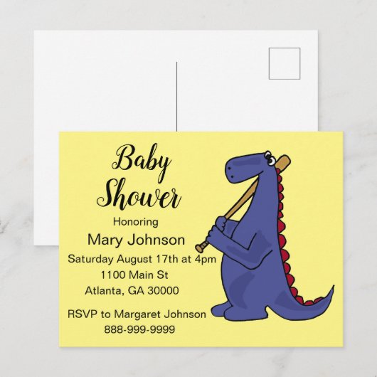 Funny Dinosaur Baseball Player Baby shower Uitnodiging Briefkaart (Voorkant / Achterkant)