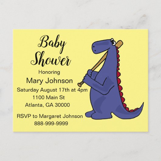 Funny Dinosaur Baseball Player Baby shower Uitnodiging Briefkaart (Voorkant)