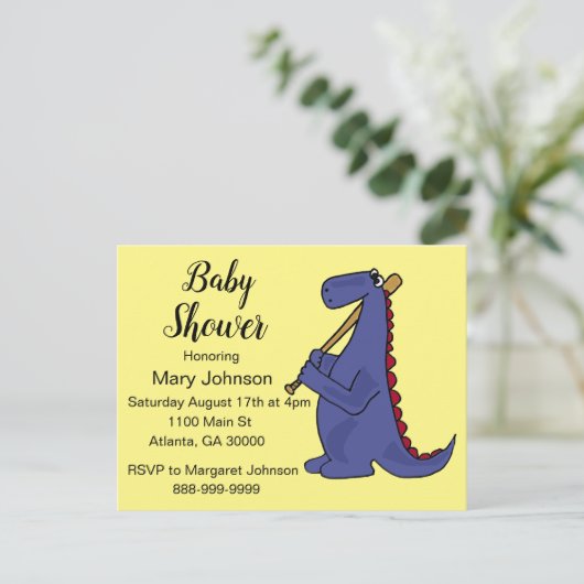 Funny Dinosaur Baseball Player Baby shower Uitnodiging Briefkaart (Staand voorkant)