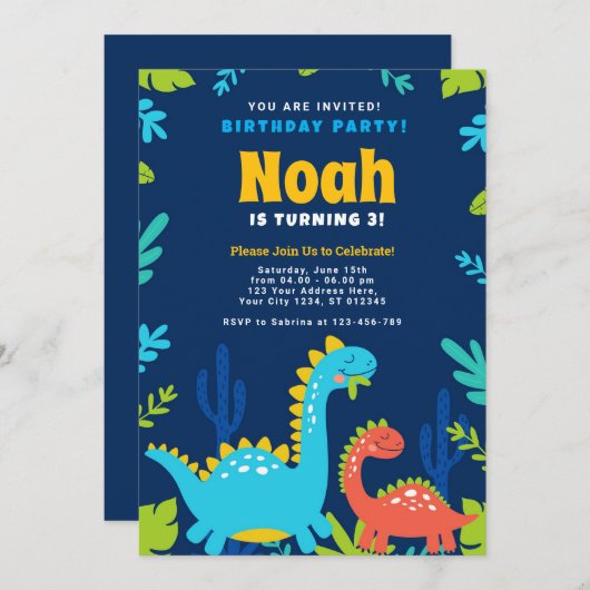 Funny Dinosaur Birthday Party Invitation Feestdagenkaart (Voorkant / Achterkant)