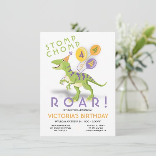 Funny Dinosaur Birthday Party Invitation Kaart (Staand voorkant)