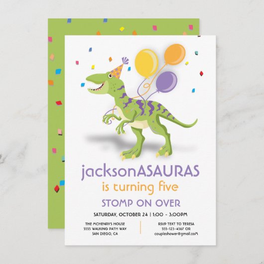 Funny Dinosaur Birthday Party Invitation Kaart (Voorkant / Achterkant)