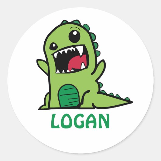 Funny dinosaur cartoon met naam ronde sticker (Voorkant)