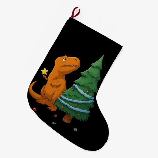 Funny Dinosaur Christmas – Cute T-Rex Holiday Grote Kerstsok (Voorkant (Hangend))
