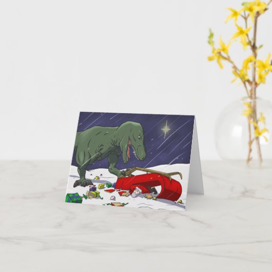 Funny Dinosaur-kerstkaart, T-Rex ontmoet Santa Kaart (Gele Bloem)