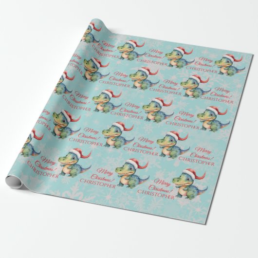 Funny Dinosaur Kerstmis Cadeaupapier (Uitgerold)