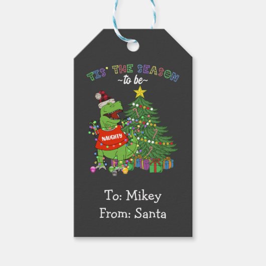 Funny Dinosaur Kerstmis is de Seizoennaughty Cadeaulabel (Voorkant)
