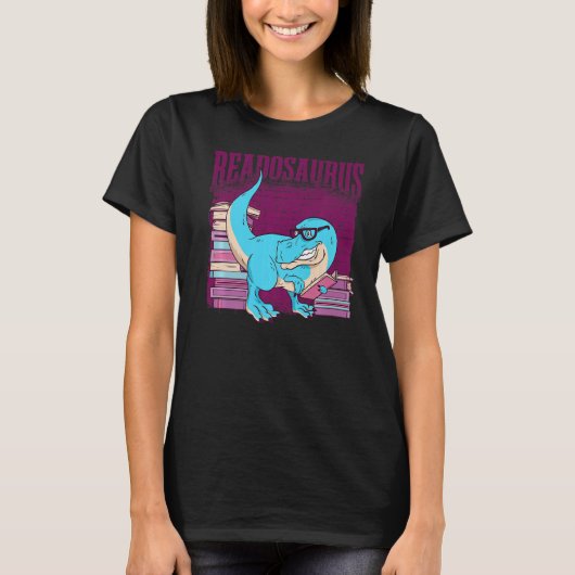 Funny Dinosaur Reading Books Library Bookworm Prem T-shirt (Voorkant)
