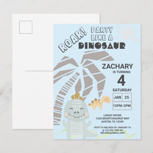 Funny Dinosaur Roar Kids Birthday Party Invitation Uitnodiging Briefkaart (Voorkant / Achterkant)
