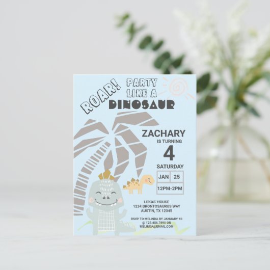 Funny Dinosaur Roar Kids Birthday Party Invitation Uitnodiging Briefkaart (Staand voorkant)