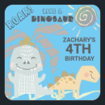 Funny Dinosaur Roar Kids Birthday Party Vierkante Sticker<br><div class="desc">Je kleine jongen of meisje wil feesten als dinosaurus op hun volgende verjaardagsfeestje. Nodig vrienden en familie uit en sluit je enveloppen af met deze leuke sticker die grappige dinosaurussen bevat met een festive felblauwe achtergrond. Een palmboom en zon versieren deze dinosaurus sticker van het verjaardagsfeest waar je de informatie...</div>