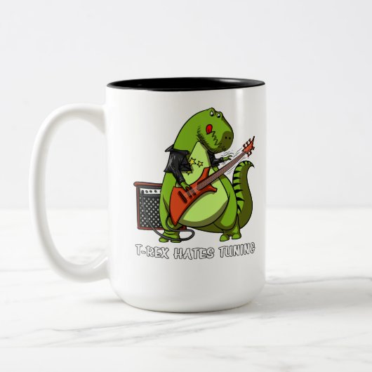 Funny Dinosaur T-Rex haat gitaarafstempeling Tweekleurige Koffiemok (Links)