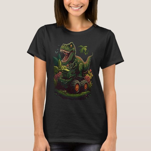 Funny Dinosaur Taking Monster Truck Joyride T-shirt (Voorkant)