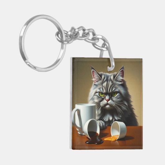 Funny Disappointed Cat With Coffee Mug Sleutelhanger (Voorkant Links)