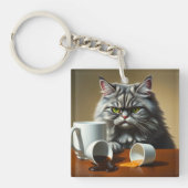 Funny Disappointed Cat With Coffee Mug Sleutelhanger (Voorkant)