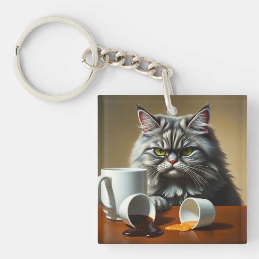 Funny Disappointed Cat With Coffee Mug Sleutelhanger (Voorkant)
