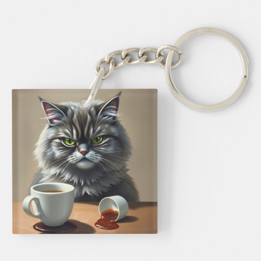 Funny Disappointed Cat With Coffee Mug Sleutelhanger (Achterkant)