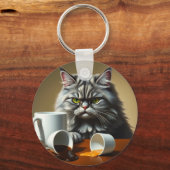 Funny Disappointed Cat With Coffee Mug Sleutelhanger (Voorkant)