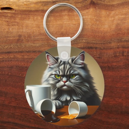 Funny Disappointed Cat With Coffee Mug Sleutelhanger (Voorkant)