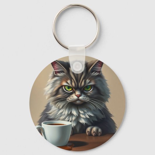 Funny Disappointed Cat With Coffee Mug Sleutelhanger (Achterkant)