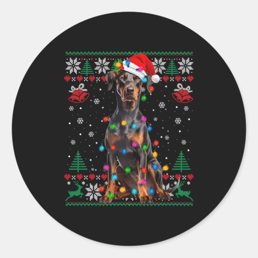 Funny Doberman Christmas Santa Hat Dog Ugly Sweate Ronde Sticker (Voorkant)