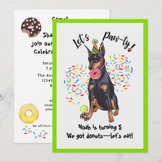 Funny Doberman Donut Birthday Party Invite Kaart (Voorkant / Achterkant)