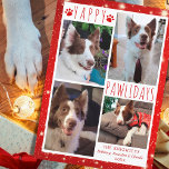 Funny Dog 4 Foto Collage YAPPY PAWLIDAYS Red Feestdagenkaart<br><div class="desc">Een grappige fotoreportkaart voor honden met vier afbeeldingen met de groet YAPPY PAWLIDAYS (of uw aangepaste groet) in een moderne hand-briefed typografie die is voorzien van vingerafdrukken tegen een witte en rode achtergrond met lichten en sterren. BIJSTAND: Voor hulp bij ontwerpwijziging of personalisatie, kleurverandering, het formaat wijzigen, het ontwerp overbrengen...</div>