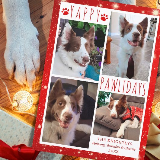 Funny Dog 4 Foto Collage YAPPY PAWLIDAYS Red Feestdagenkaart