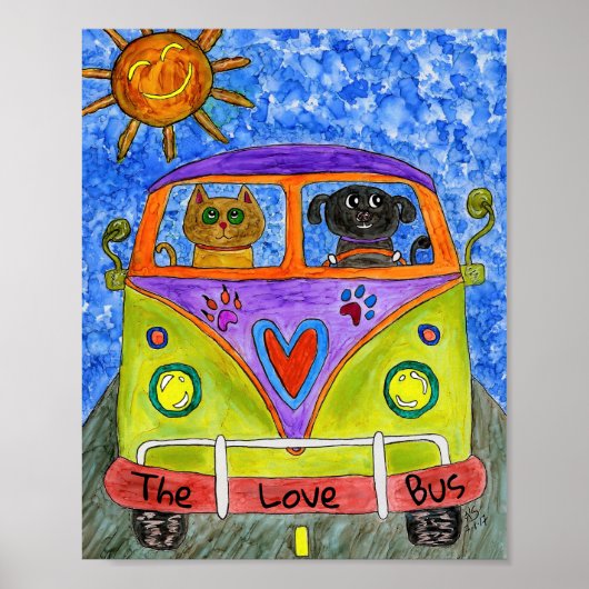 Funny Dog and Cat Driving a Bus Poster (Voorkant)