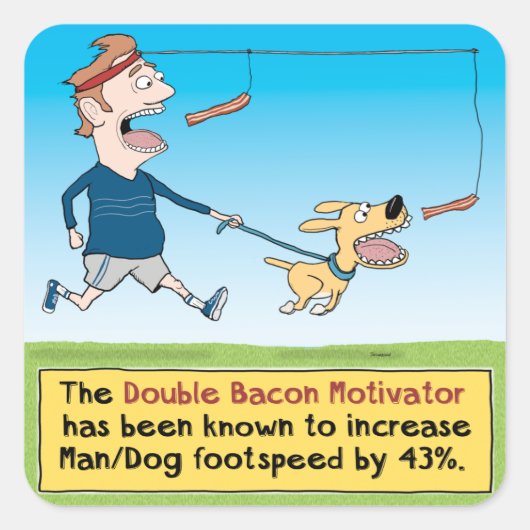 Funny Dog and Man Chasing Bacon Vierkante Sticker (Voorkant)