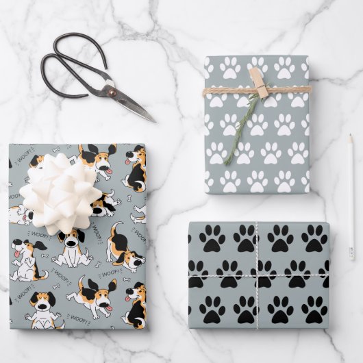 Funny Dog and Paw Prints Wrapping Paper Set of 3 (Voorkant)