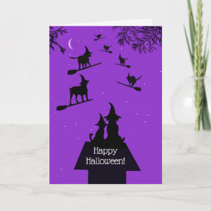Funny Dog Cat Witches Happy Halloween Kaart