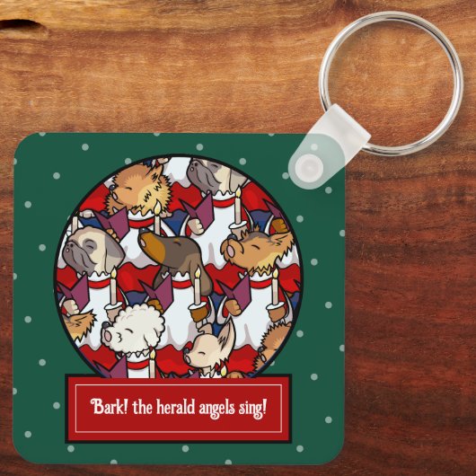 Funny Dog Choir Christmas Carol Pug Pun Cartoon Sleutelhanger (Achterkant)
