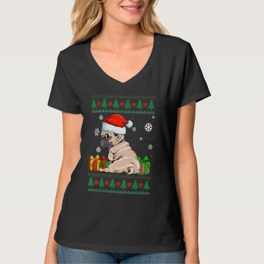 Funny Dog Cute Pug Santa Hat Ugly KerstSweate T-shirt (Voorkant)